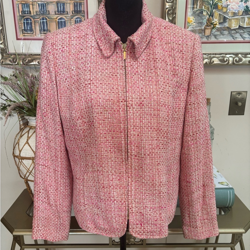 PARISIAN SILK SIGNATURE CLASSIC PINK MULTI TWEED ZIP FRONT BLAZER JACKET SIZE L - Picture 2 of 10
